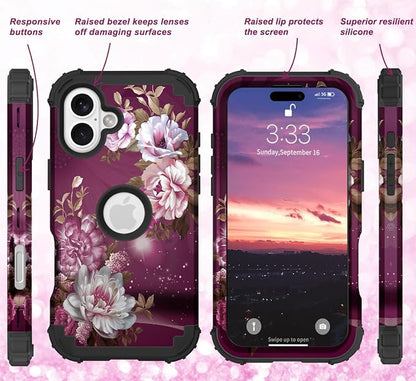 Hocase for iPhone 16 Case 6.1", Heavy Duty Shockproof Protection Soft Silicone Rubber+Hard Plastic Bumpers Hybrid Protective Case for iPhone 16 2024 - Royal Purple Flowers