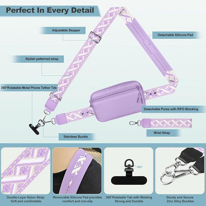 YFWE Clip and Go Strap for Phone with Wallet Crossbody, Adjustable Phone Lanyard with Detachable RFID Wristlet Wallet, Pattern Strap - Purple (L)