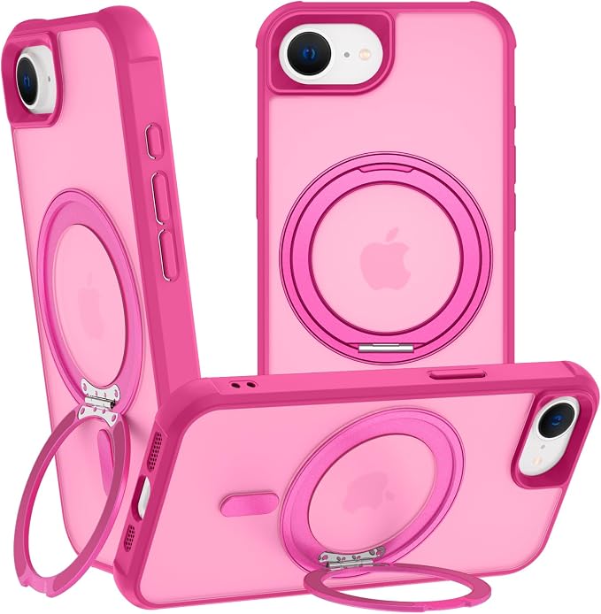 360° Magnetic Swivel Ring for iPhone 16E & 17E Case, Built-in Metal Stand and Ring Holder, Magsafe Compatible, Military Grade Protection, Shock and Vibration Resistant - Rose Pink