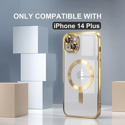 Misea Magnetic for iPhone 14 Plus Case Compatible with MagSafe [Never Yellowing] [Military Grade Drop Protection] Full Camera Lens Protector Plating Soft Clear Phone Case for Women Girls, Gold