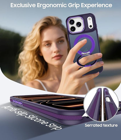 for iPhone 17 Pro Case with 360 Magnetic Ring Stand, Fit MagSafe, Military-Grade Shockproof Protection, Non-Slip Slim Translucent Protective Phone Cover, Purple