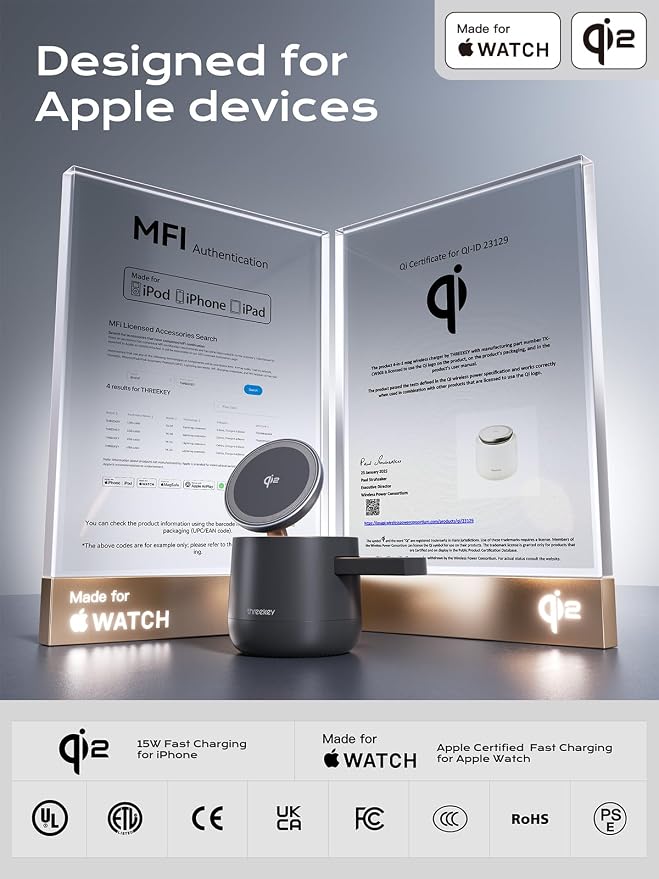 MFI Certified by Apple, 4 in 1 Magsafe Wireless Charging Station, Qi2 15W Magsafe Charger for iPhone 17/16/15/14/13/12 Series, iWatch, Airpods, iPad, 65W Charger Included (Black)