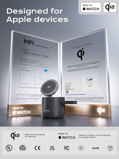 MFI Certified by Apple, 4 in 1 Magsafe Wireless Charging Station, Qi2 15W Magsafe Charger for iPhone 17/16/15/14/13/12 Series, iWatch, Airpods, iPad, 65W Charger Included (Black)