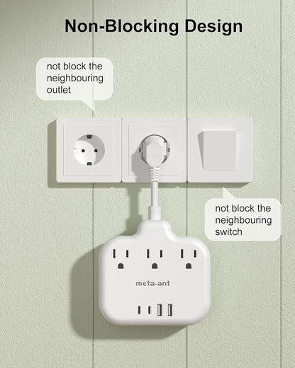 European Travel Plug Adapter 3 inch, International Plug Adapter, US to Europe Plug Adapter with 3 Outlets 4 USB Ports(2 USB C), Type E F Power Adapter to EU Germany Spain France Portugal Iceland
