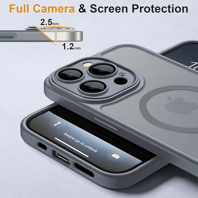 ROYBENS for iPhone 15 Pro-Max Matte Clear Case Compatible with Magsafe, Full Camera Lens Protection, Screen Protector, Wrist Strap, Translucent Magnetic Slim Hard Protective Phone Cover, Grey