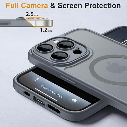 ROYBENS for iPhone 15 Pro-Max Matte Clear Case Compatible with Magsafe, Full Camera Lens Protection, Screen Protector, Wrist Strap, Translucent Magnetic Slim Hard Protective Phone Cover, Grey