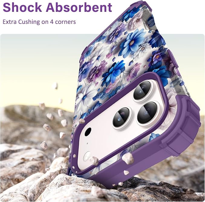 Hocase for iPhone 17 Pro Case 6.3", Heavy Duty Shockproof Protection Soft Silicone Rubber+Hard Plastic Bumpers Hybrid Protective Case for iPhone 17 Pro 2025 - Blue Purple Flowers