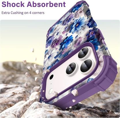Hocase for iPhone 17 Pro Case 6.3", Heavy Duty Shockproof Protection Soft Silicone Rubber+Hard Plastic Bumpers Hybrid Protective Case for iPhone 17 Pro 2025 - Blue Purple Flowers