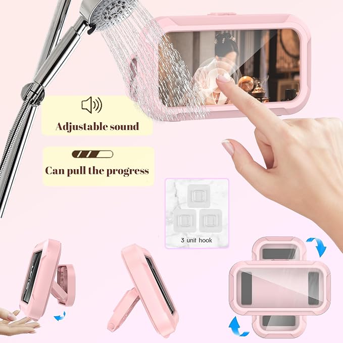 360° Rotatable Retractable Adjustable Shower Phone Case Holder,Anti-fog HD & sensitive screen ,Wall Mounted Phone Holder for Bathroom Mirror Bathtub Kitchen,Shower Accessories for 4-7" Phones (pink)