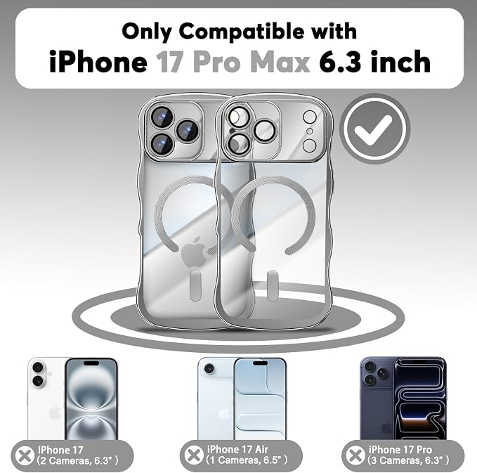 Misscase Designed for iPhone 17 Pro Max Case 6.9",with Privacy Screen Protector*1,Cute Wave Frame Case with Camera Lens Protector,Compatible with MagSafe Plating Bling for Women Silver