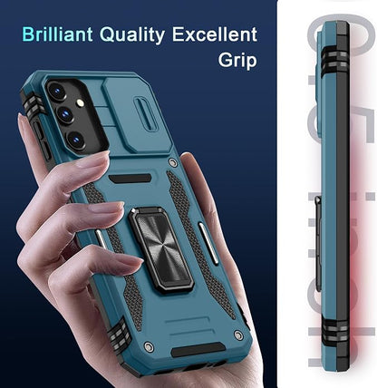 DEERLAMN Case for Samsung Galaxy A15 5G with Slide Camera Cover+Screen Protector (1 Pack), Rotated Ring Kickstand Military Grade Shockproof Protective Cover-Light Blue