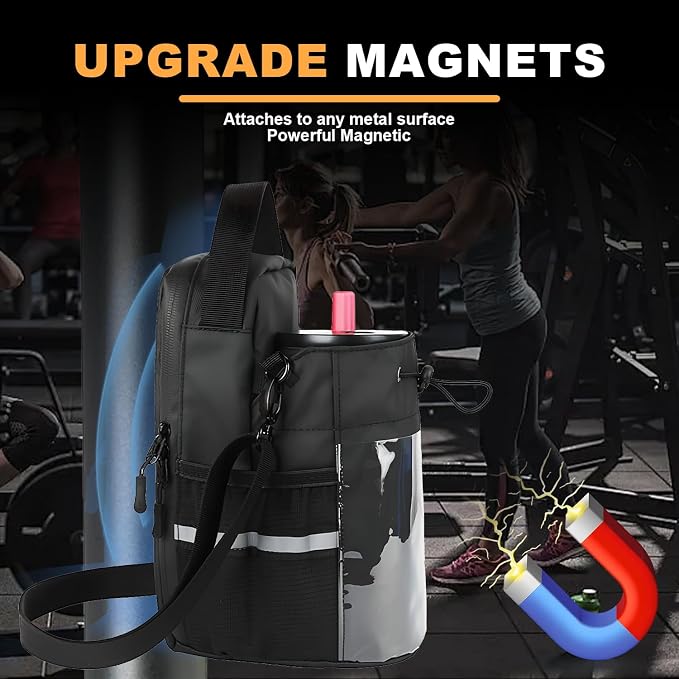 Magnetic Gym Bag for Men & Women – Strong Magnetic Water Bottle Holder & Touch-Screen Phone Pocket | Adjustable Strap Sling Bag for Gym, Travel, Sports | Keep Items Secure & Off Dirty Floors