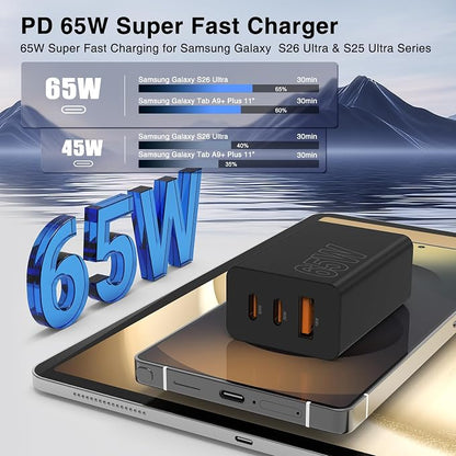 65W Super Fast Charger Type C for Samsung,3 Port 100W PD Quick Charging 3.0 USB C Charger Block & 3/6/10/10FT Braided Type C Cord for Samsung Galaxy S26 Ultra/S26/S25 Ultra/S24/Android/iPhone 17