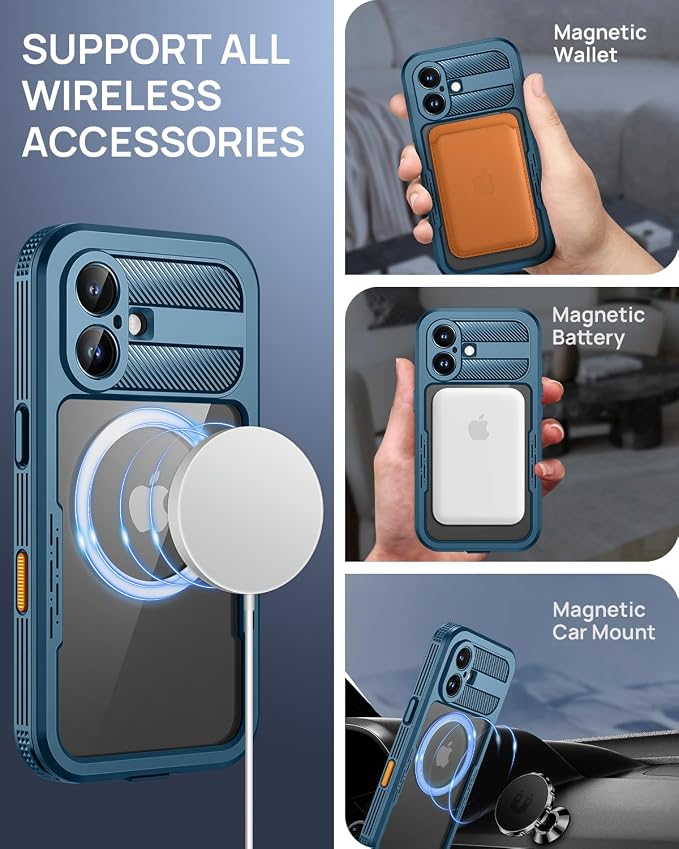 Lanhiem Magnetic for iPhone 16 Case, IP68 Waterproof Dustproof Case, [Compatible with Magsafe] [Built-in Screen Protector] Full Body Heavy Duty Rugged Phone Cover 6.1 inch, Blue/Clear