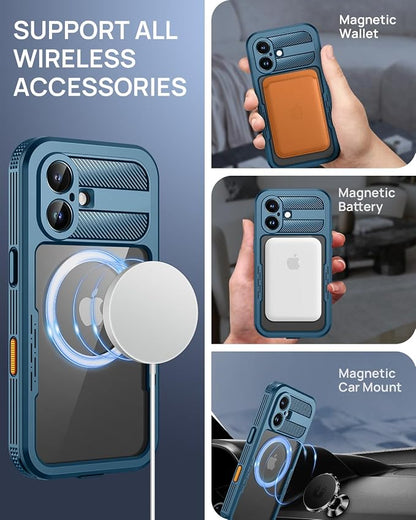 Lanhiem Magnetic for iPhone 16 Case, IP68 Waterproof Dustproof Case, [Compatible with Magsafe] [Built-in Screen Protector] Full Body Heavy Duty Rugged Phone Cover 6.1 inch, Blue/Clear