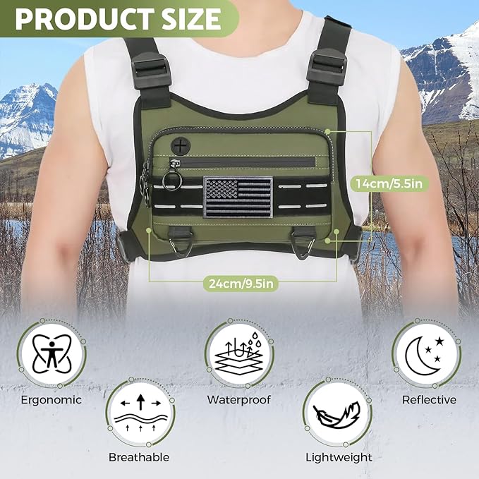 Muserise Sports Chest Bag For Men Women, Water Resistant Lightweight Front Chest Pack, Running Vest Bag With Built-In Phone Holder & Extra Storage For Workouts, Running, Cycling (Olive)
