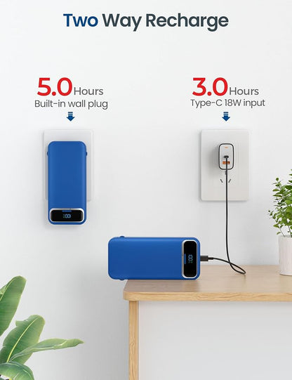 12000mAh Lightweight-Portable-Charger-Power-Bank with Built-in Cables and AC Wall Plug, PD20W USB-C Fast Charging Battery Pack, LED Display External Travel Phone Charger for All iPhone,Samsung,Android