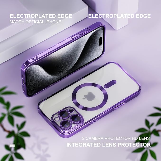 Misea Magnetic for iPhone 16 Pro Case Compatible with MagSafe [Never Yellowing] [Military Grade Drop Protection] Full Camera Lens Protector Plating Soft Clear Phone Case for Women 6.3", Purple