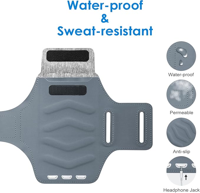 JETech Phone Armband Holder with Key Holder and Card Slot for Phone Upto 6.2 inch, iPhone 16e/16/15 Pro/15/14 Pro/14/13 Pro/13, Galaxy S23/S22, Pixel 8a, Water Resistant, Adjustable Band (Grey)