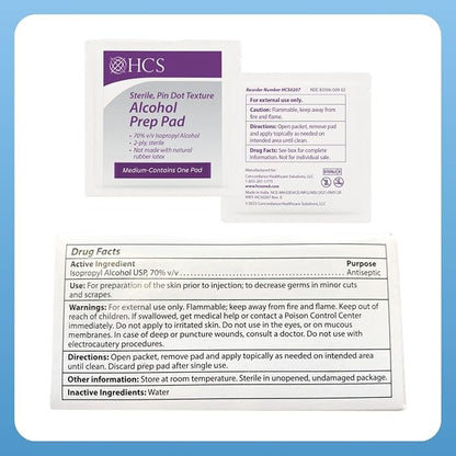 HCS Medium Alcohol Prep Pads - 70% Isopropyl Alcohol Wipes, Individually Wrapped - 2 ply, Textured, Sterile Skin Prep Swabs (200/Box)
