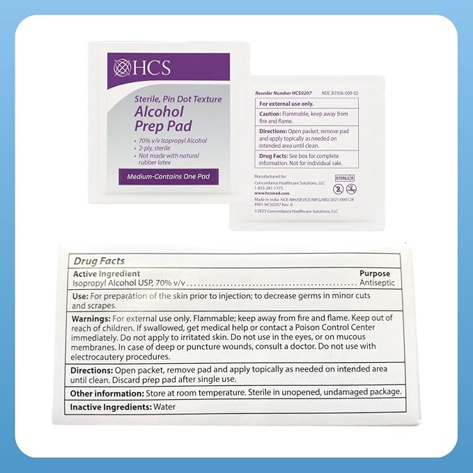 HCS Bulk Medium Alcohol Prep Pads - Textured, 70% Isopropyl Alcohol Wipes, Individually Wrapped - 2 ply, Sterile Skin Prep Swabs for Injections, First Aid (4000/Case)