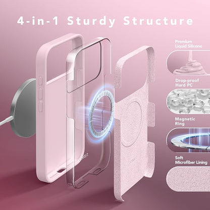 GONEZ Magnetic for iPhone 17 Pro Max Case, Compatible with MagSafe, [Screen Protector + Camera Lens Protector], Liquid Silicone Anti-Scratch Shockproof Protective Phone Case 6.9 inch, Pastel Pink