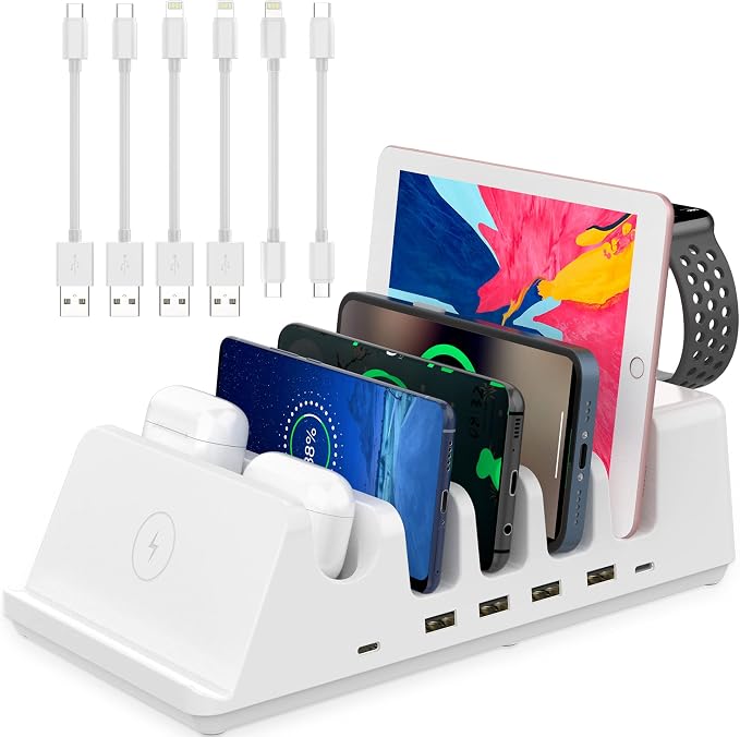 AGVEE 140W 7in1 Multi USB Charging Station Organizer Family Block Hub with Multi Cables, 3 Wireless Charger Dock for Pad Phone Cell Phone Android Tablet Multiple Devices, White