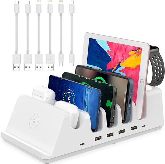 AGVEE 140W 7in1 Multi USB Charging Station Organizer Family Block Hub with Multi Cables, 3 Wireless Charger Dock for Pad Phone Cell Phone Android Tablet Multiple Devices, White