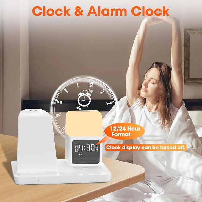 Wireless Charger for Samsung/Android Charging Station, 6 in 1 Fast Watch Charger with Alarm Clock-Night Light, Compatible for Galaxy S25 Ultra/S24, Only for Samsung Watch8/7, Galaxy Buds3 Pro(White)