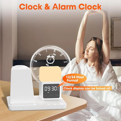 Wireless Charger for Samsung/Android Charging Station, 6 in 1 Fast Watch Charger with Alarm Clock-Night Light, Compatible for Galaxy S25 Ultra/S24, Only for Samsung Watch8/7, Galaxy Buds3 Pro(White)