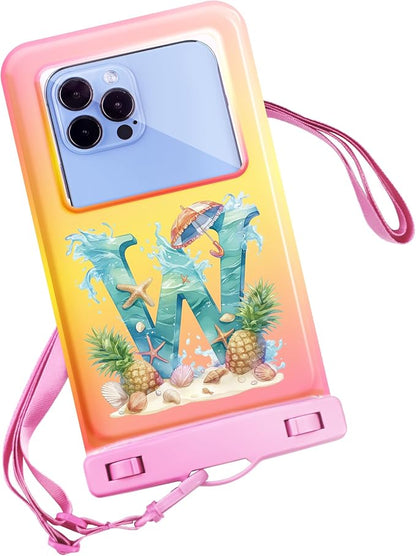 Personalized Initial Waterproof Phone Pouch Case - IPX8 Cellphone Dry Bag with Lanyard for iPhone 16/15/14/13/12 Pro Max (6.1–6.9"), Beach & Cruise Ship Essentials with Monogrammed Design (Pink, W)