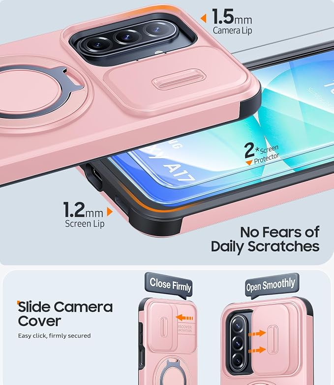 JAME for Samsung Galaxy A17/A16 5G Case, Ring Holder Stand, Slide Camera Cover, 2 Pack Screen Protectors, Dual-Layer Shockproof Protective, Magnetic Accessory Friendly Galaxy A16/A17 4G Case, Pink