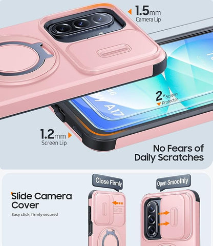 JAME for Samsung Galaxy A17/A16 5G Case, Ring Holder Stand, Slide Camera Cover, 2 Pack Screen Protectors, Dual-Layer Shockproof Protective, Magnetic Accessory Friendly Galaxy A16/A17 4G Case, Pink