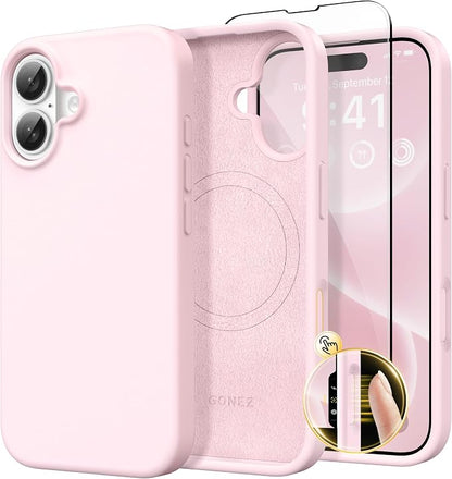 GONEZ Magnetic for iPhone 16 Case, Compatible with MagSafe, [Screen Protector + Camera Lens Protector], Liquid Silicone Shockproof Protective Phone Case for iPhone 16 6.1", Chalk Pink
