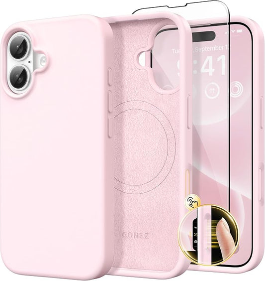 GONEZ Magnetic for iPhone 16 Case, Compatible with MagSafe, [Screen Protector + Camera Lens Protector], Liquid Silicone Shockproof Protective Phone Case for iPhone 16 6.1", Chalk Pink
