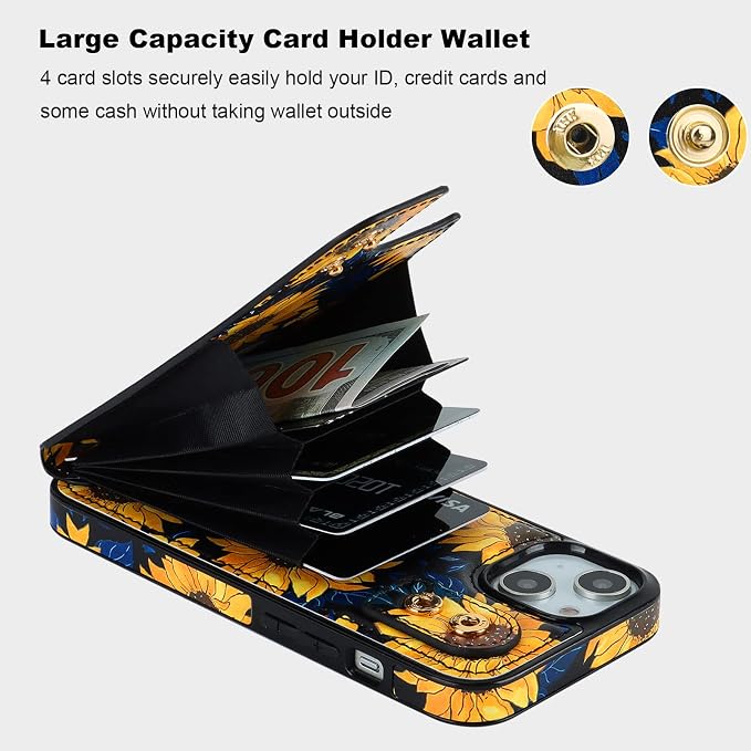 HAOPINSH for iPhone 13/ iPhone 14 Wallet Case with Card Holder, 360°Rotation Ring Kickstand, Blooming Sunflowers Pattern, RFID Blocking Leather for Girls Women,Double Buttons Protective Cover 6.1"