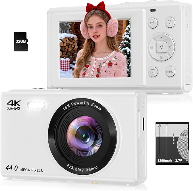 Digital Camera, 4K 44MP Autofocus Point and Shoot Camera with 16X Zoom 2.4" LCD Portable Compact Camera for Kids Teens Boys Girls Adults