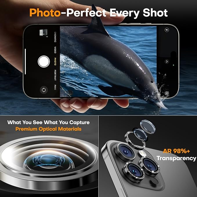 Camera Lens Protector for iPhone 17 Pro Max/17 Pro/16 Pro Max/16 Pro/15 Pro Max/15 Pro/14 Pro Max/14 Pro,Tempered Glass Metal Individual Camera Cover[Anti-drop] Case Friendly- Glitter Black