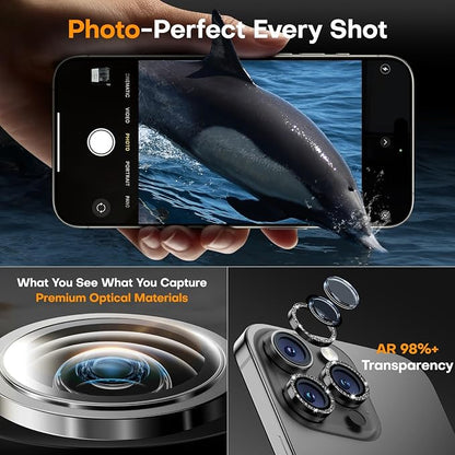 Camera Lens Protector for iPhone 17 Pro Max/17 Pro/16 Pro Max/16 Pro/15 Pro Max/15 Pro/14 Pro Max/14 Pro,Tempered Glass Metal Individual Camera Cover[Anti-drop] Case Friendly- Glitter Black