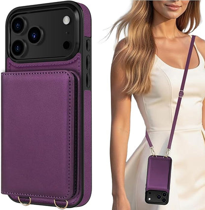 LOHASIC for iPhone 17 Pro Max Case Wallet with Detachable Crossbody Strap & Wrist Lanyard, RFID Blocking, 4 Card Slots 2 Cash Pockets, Vegan Leather Case with Card Holder for Women Girls, Purple