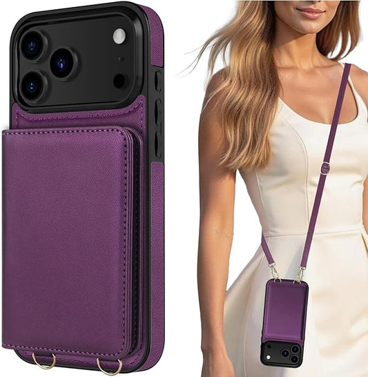 LOHASIC for iPhone 17 Pro Max Case Wallet with Detachable Crossbody Strap & Wrist Lanyard, RFID Blocking, 4 Card Slots 2 Cash Pockets, Vegan Leather Case with Card Holder for Women Girls, Purple