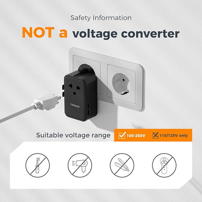 TESSAN International Power Adapter PD 25W, Black | Ultra Thin Universal Travel Adapter, 2 USB A 2 USB C, US to European UK Australia Ireland, Type C G A I