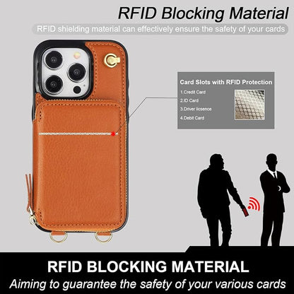 Bocasal Crossbody Wallet Case for iPhone 15 Pro, RFID Blocking Leather Purse Case with Card Holder, Protective Handbag Flip Cover with Zipper Wrist Strap Lanyard for Women 5G 6.1 Inch (Brown)