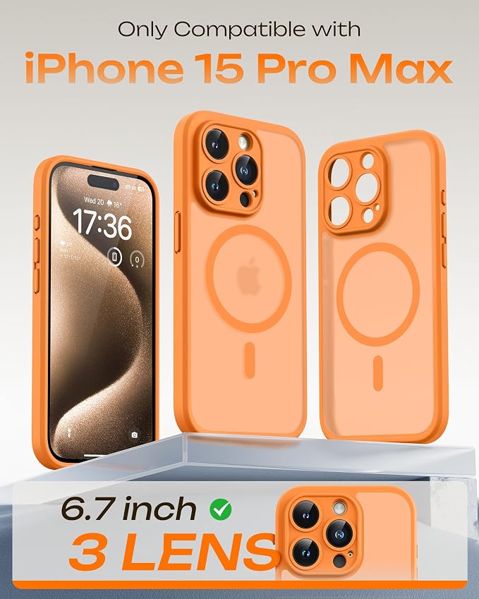 TOCOL for Phone 15 Pro Max Case, Compatible with Magsafe Charger, Full Camera Protection, Drop Protection, Translucent Matte Phone Case for iPhone 15 Pro Max 6.7 inch (Orange)