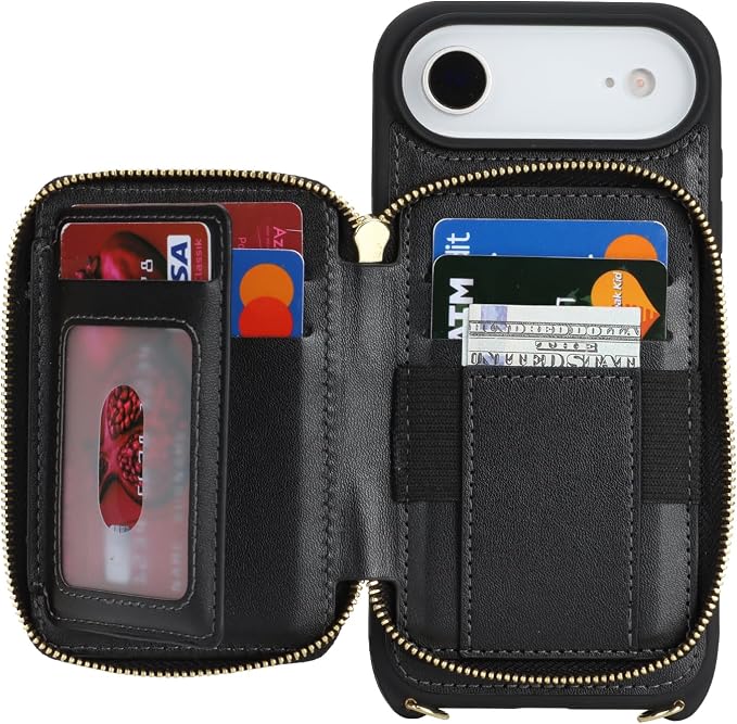 Crossbody Wallet Case for iPhone Air, PU Leather Zipper Handbag Purse Flip Cover, Kickstand Folio Case with Card Slots Holder Wrist Strap Lanyard 5G 6.5 Inch-Black