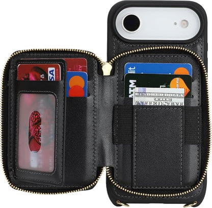 Crossbody Wallet Case for iPhone Air, PU Leather Zipper Handbag Purse Flip Cover, Kickstand Folio Case with Card Slots Holder Wrist Strap Lanyard 5G 6.5 Inch-Black