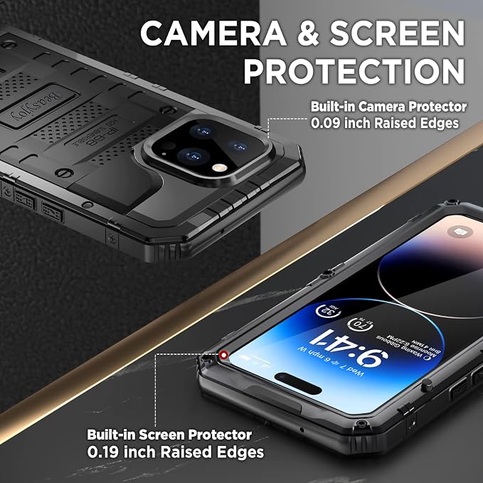 Beasyjoy Waterproof Case for iPhone 14 Pro, Metal Full Body Sealed Phone Case with Built-in Screen Protector, Military Grade Heavy Duty Defender Armor Shockproof Rugged Case 6.1 Inch, Black