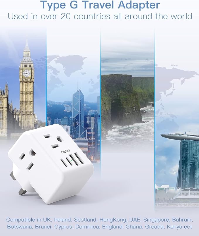 2 Pack US to UK Ireland Travel Plug Adapter, Type G Power Plug Adapter | 3 Outlets 4 USB Ports(2 USB C), European Travel Plug Adapter for USA to England London Scotland British Qatar Irish Hongkong