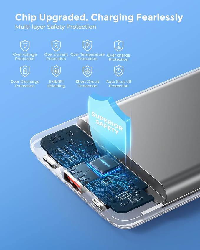 Portable Charger 10000mAh, Ultra Slim Power Bank Fast Charging with Attached USB C Cable, Travel Essential Phone Power Bank Battery Pack for iPhone 17/16/15/14 Samsung S25 Google etc