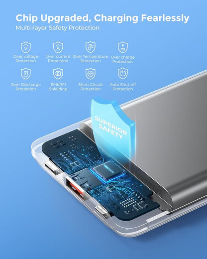 Portable Charger 10000mAh, Ultra Slim Power Bank Fast Charging with Attached USB C Cable, Travel Essential Phone Power Bank Battery Pack for iPhone 17/16/15/14 Samsung S25 Google etc